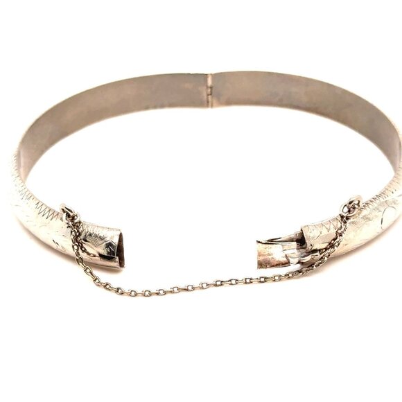 Vintage 925 Sterling Silver Bangle with Safety Chain - Picture 3 of 6